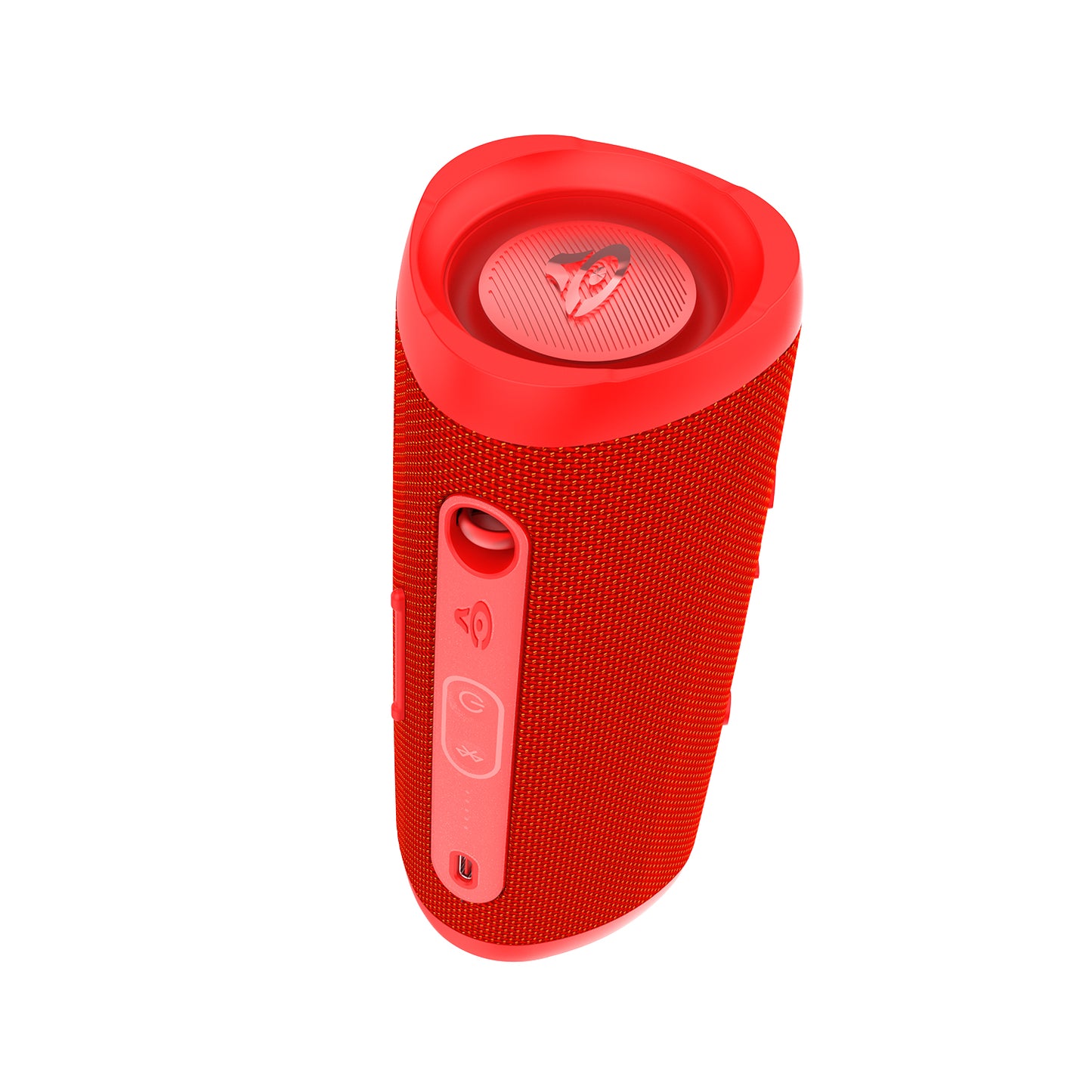 The VegaMini - Compact Powerhouse Bluetooth Speaker is a red cylindrical portable device with a textured exterior for an immersive audio experience. It has recessed top control buttons and a vertical side panel for volume and power, plus a subtle logo that complements its sleek, modern design.