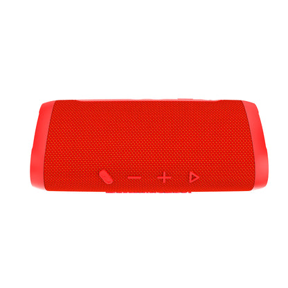 Experience unmatched audio with the VegaMini - Compact Powerhouse Bluetooth Speaker. In red, this cylindrical, fabric-wrapped design features intuitive controls: a microphone symbol, minus and plus signs, and a play button. Solid red plastic ends support seamless True Wireless Stereo (TWS) integration.