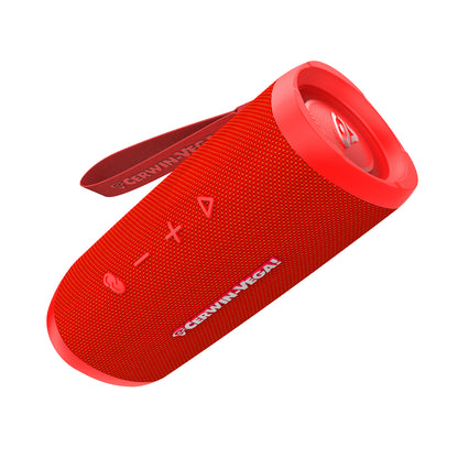 The VegaMini, a portable red Bluetooth speaker, delivers an immersive audio experience with its cylindrical shape and TWS capability. It features a carrying strap, side control buttons, and displays the Cerwin Vega! brand prominently on its textured grille with vibrant red accents.