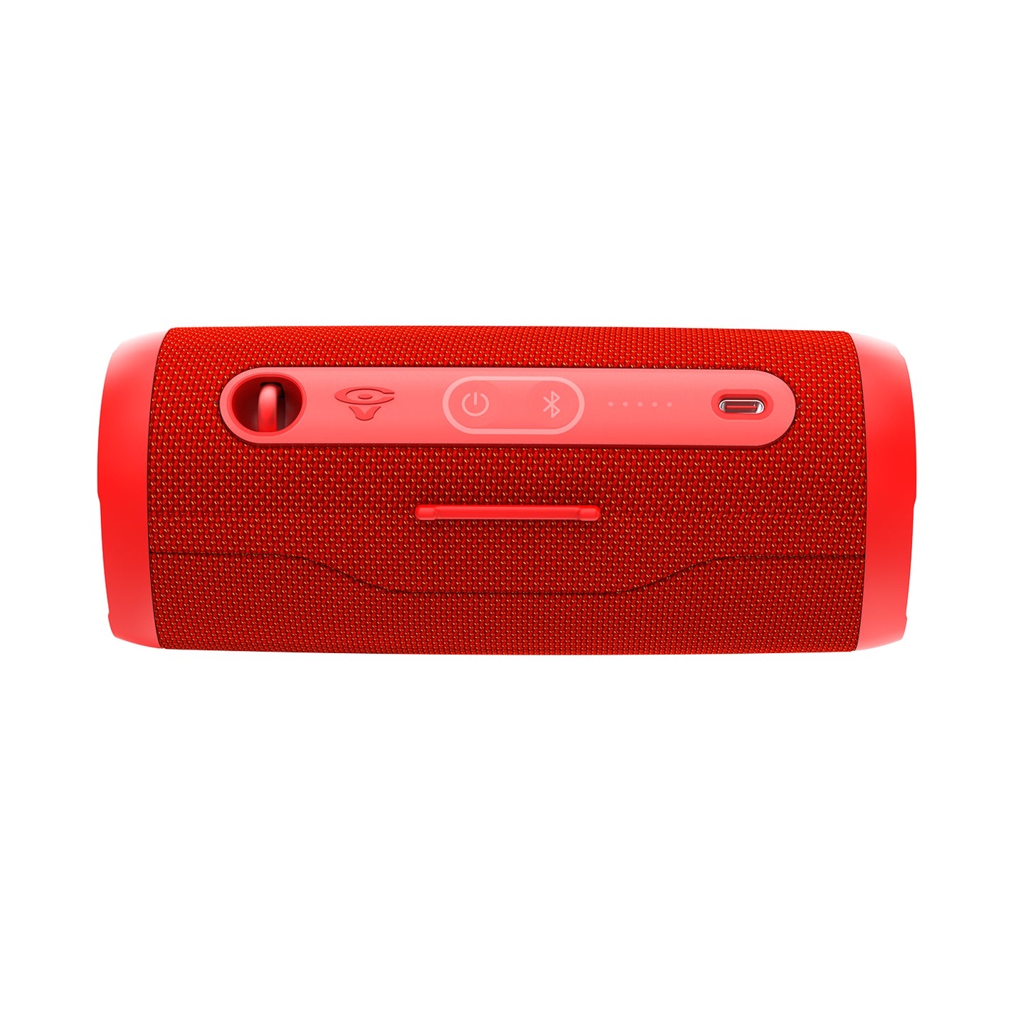 The VegaMini is a red cylindrical Bluetooth speaker with immersive audio, a top control panel featuring a power button, Bluetooth symbol, battery indicator, charging port, and stylish textured fabric and rubberized end caps for sleek TWS enjoyment.