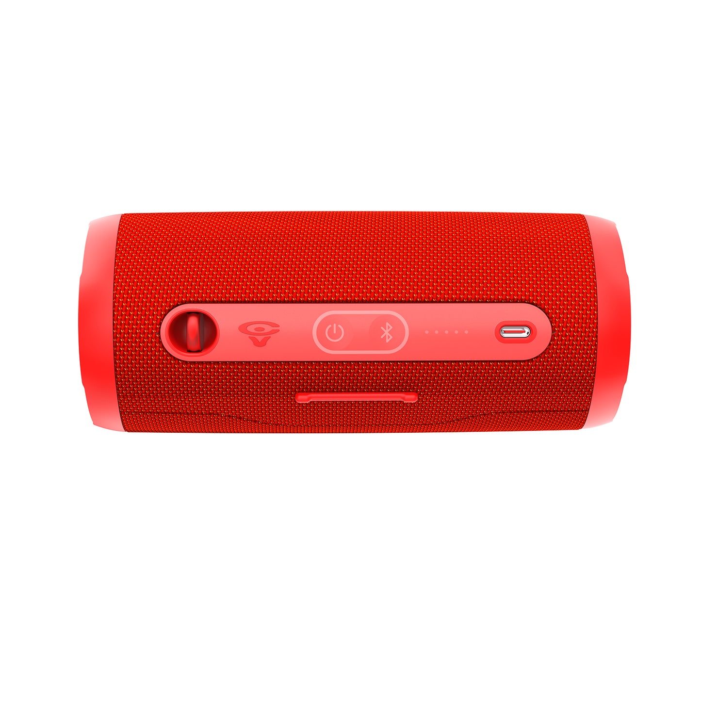 The VegaMini - Compact Powerhouse is a red cylindrical Bluetooth speaker with a textured fabric surface for immersive audio. It features a rubber panel with power and Bluetooth buttons, a charging port, and four LED battery indicators, all within its sleek, modern design.