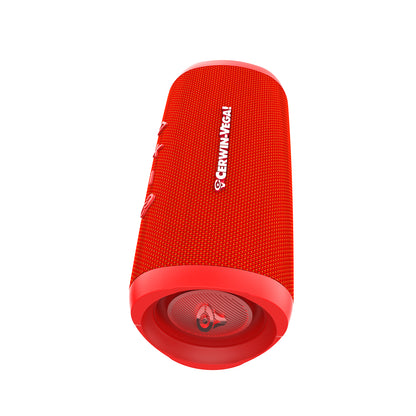 The VegaMini - Compact Powerhouse Bluetooth Speaker is a red cylinder with the "Cerwin Vega!" logo in white, offering immersive audio. It features a textured surface, side control buttons, sleek modern design, and True Wireless Stereo (TWS) for enhanced connectivity.