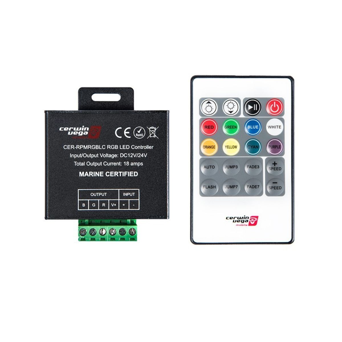 The image displays a Cerwin Vega Light Controller and remote. The black controller features labeled input/output ports and marine certification details, while the white remote has buttons for colors like red, green, blue, and functions like flash and strobe, all with Cerwin Vega branding.