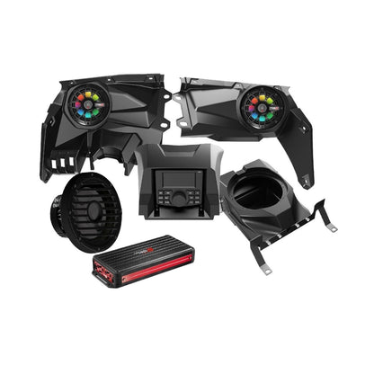 The Can Am Maverick Audio Kit features a black audio system with components like speakers boasting colorful LED lights, a central control unit with buttons and display, an amplifier, and speaker housings, all set against a plain white background.