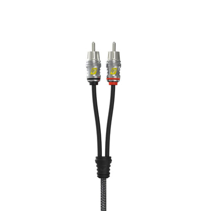 The STROKER Series RS1 cables feature two black channels, with metallic connectors—one silver with a black ring and the other red-ringed. Designed for high-fidelity audio, they have textured grips, a yellow logo, and merge into one braided cable against a plain white backdrop.