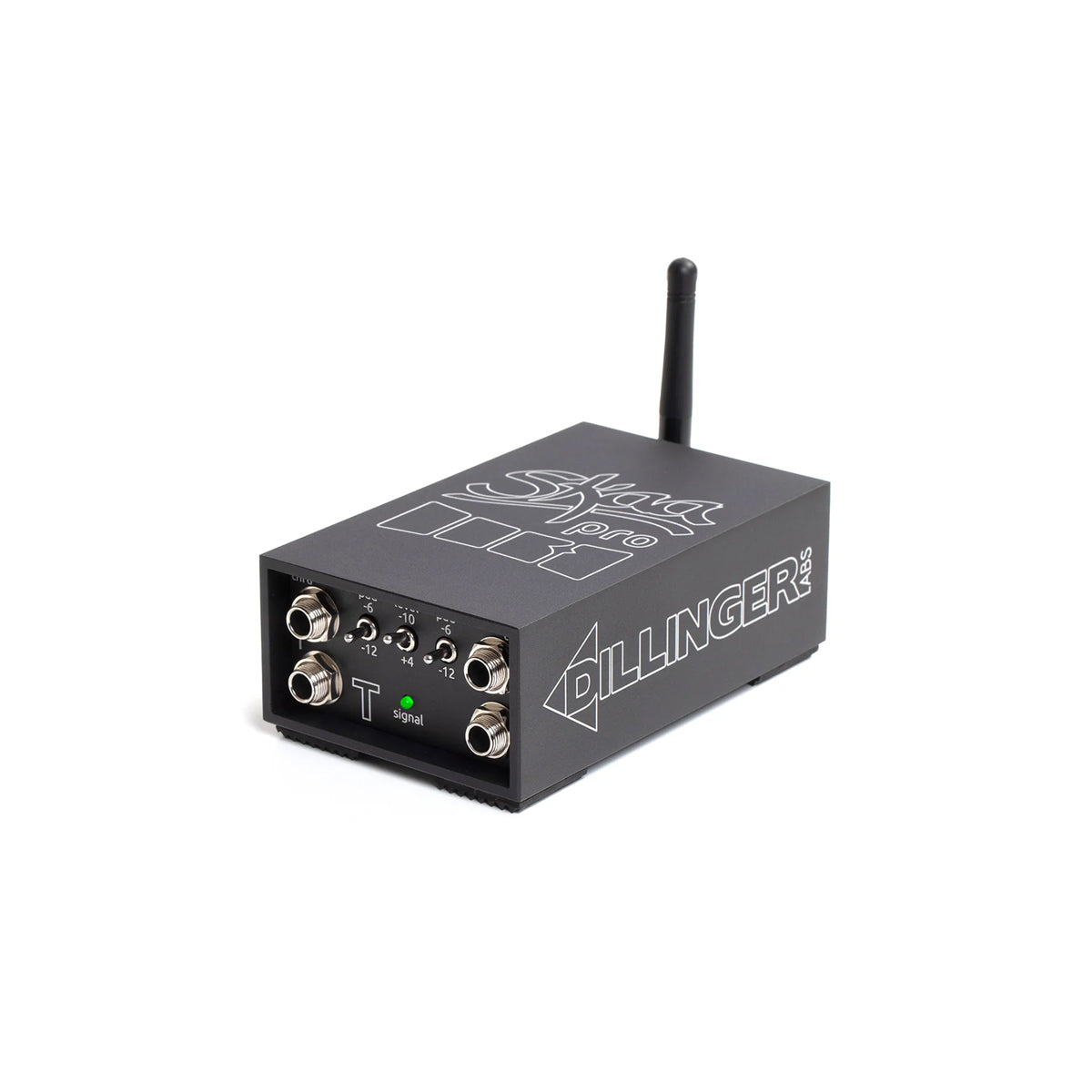 A SKAA Transmitter from Dillinger Labs, in black, is shown. It has four numbered circular input/output ports (1-4) on the front panel and a green power button labeled "T zgnzi." The device features a small antenna, with the brand name prominently displayed on the top and side.
