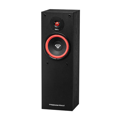 The SL Series 8" 2-Way Floor Speaker - SL-8 is a tall black floor speaker with rounded edges and two circular panels: a top panel with a small red and black dome tweeter and a larger bottom panel with a red and black woofer. The "Cerwin-Vega!" brand is printed in white at the bottom, adding style to home audio.