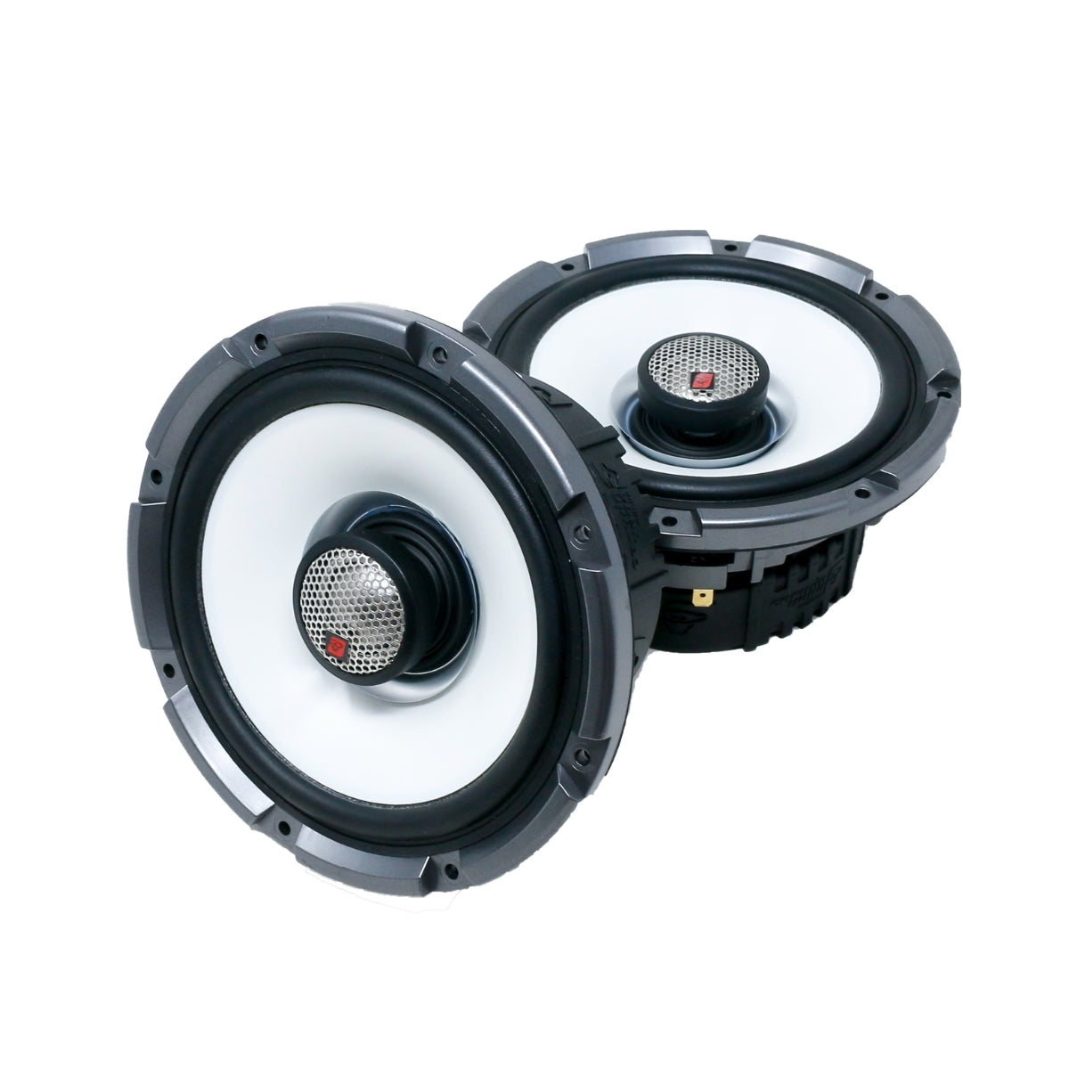 Two RPM Stroker Speakers, black and white with metallic gray rims and red accents, feature a central cone with mesh covers. Positioned at an angle, they showcase their depth and metallic details against a white background.