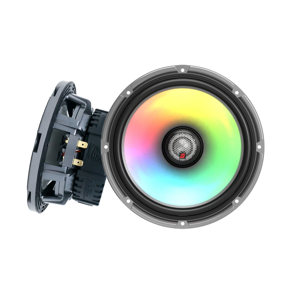 Close-up of the RPM Stroker Speaker's circular design featuring rainbow LED effects inside. The speaker has a black and gray casing with a visible metal mesh center, where gradient LED lights create a vibrant display against its metallic components.