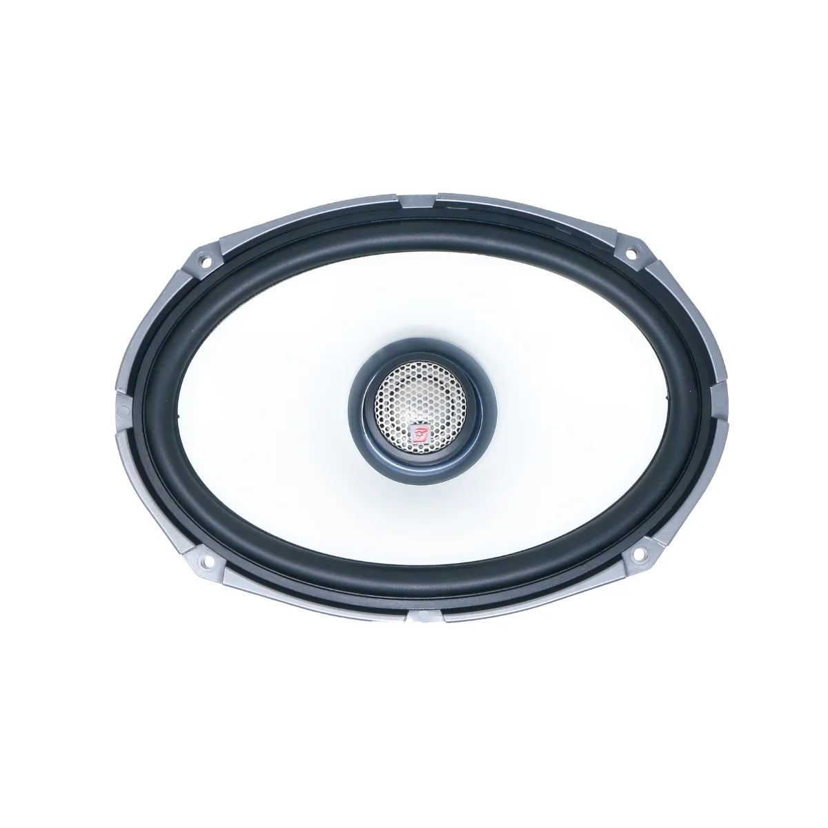 The 2024+ Harley Davidson® Cut-In Lid Kit with SM69F4 (4Ω) Speakers - RPMSM694LK24 presents an oval-shaped car speaker with a central tweeter covered by a gray metallic mesh. Its black outer rim highlights the white interior, and encircling mounting holes complete this standout design against its plain white backdrop.