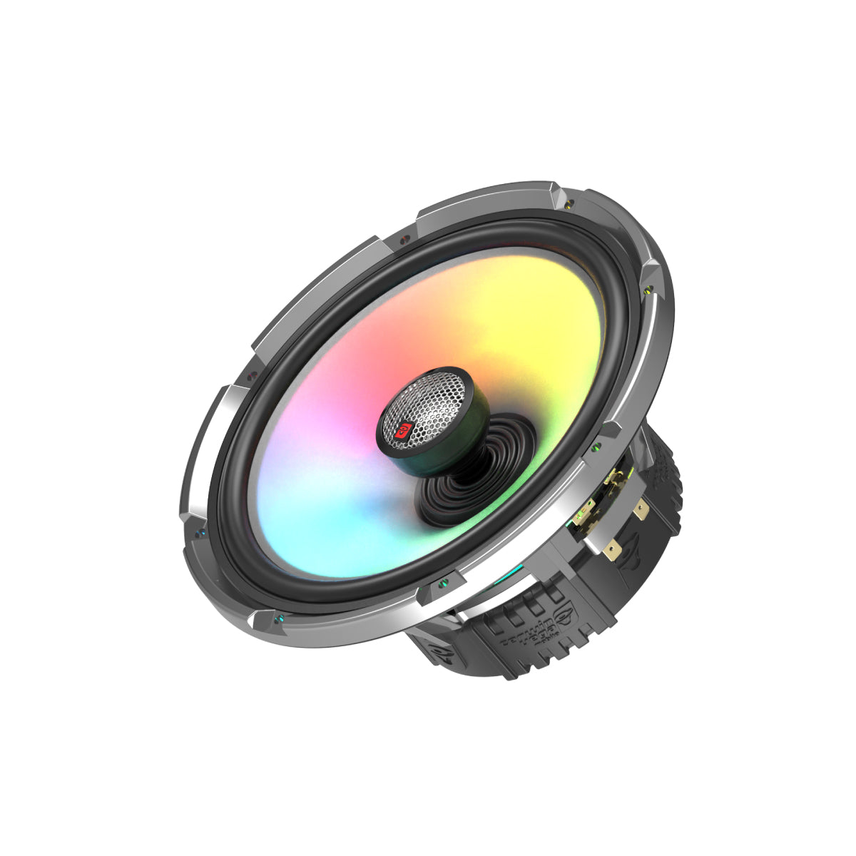 The RPM Stroker Speakers feature a metal frame and exposed components with a rainbow gradient diaphragm. A textured central dust cap bears a small logo, while the outer rim has clips and visible wiring, offering a modern and high-tech design.