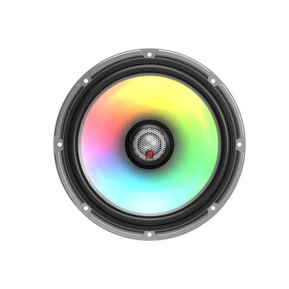 The RPM Stroker Speakers feature a round design with a metallic frame and vibrant, rainbow-colored cone showcasing hues of pink, yellow, green, blue, and orange. A metallic grille with a small logo is centered, while the outer edge includes multiple mounting holes for easy installation.