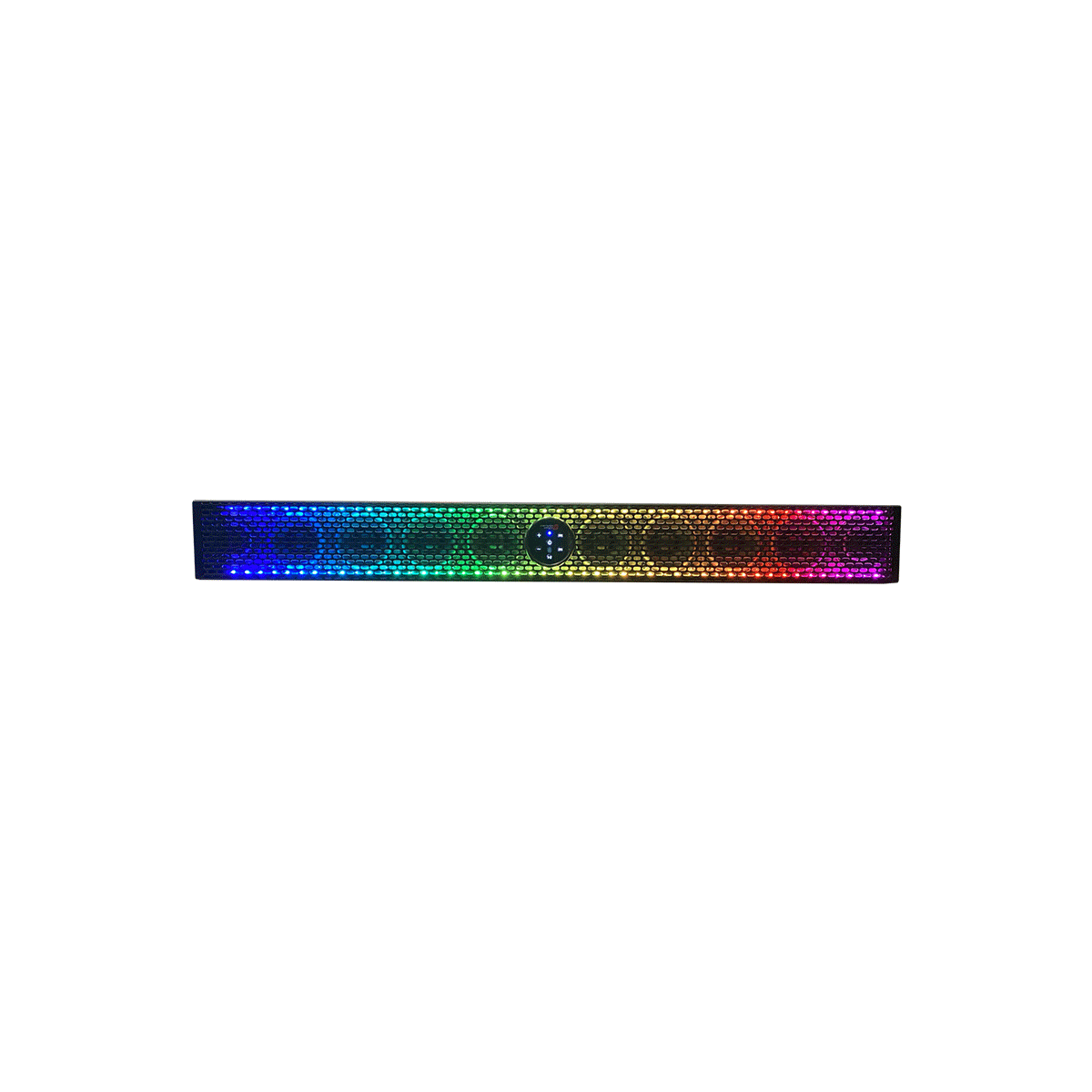 The RPM XED Waterproof Soundbars feature a rectangular LED light bar with a honeycomb pattern displaying a color gradient from purple to red, orange, yellow, green, blue back to purple. A centered circular logo is surrounded by glowing lights in the same sequence against a white background.