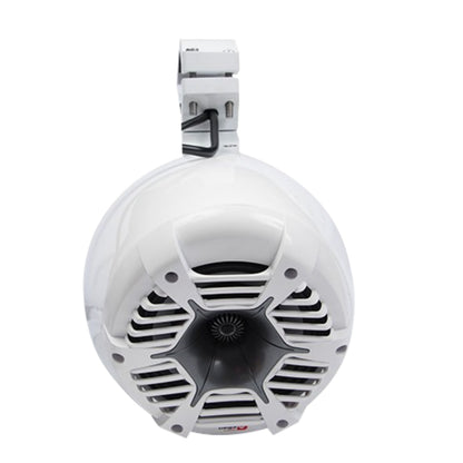 The SPMT65DW - 6.5" STROKER PRO RPM Dual 400W Marine Tower Kit (White) features a white cylindrical body with a circular black grill and star-shaped accents, LED lighting, and is mounted with a metal bracket and screws. The sleek design and looping black wire make it ideal for outdoor or marine use.