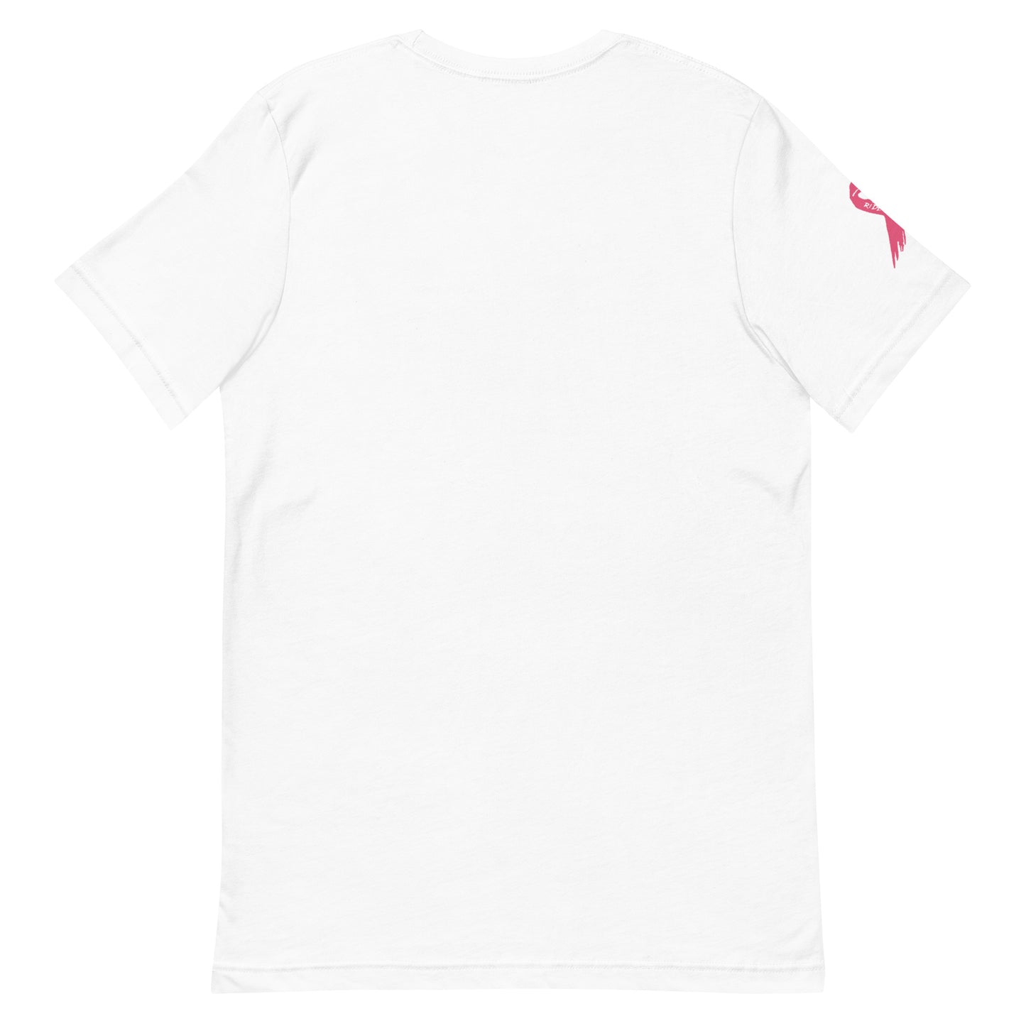 The image displays the Cerwin-Vega Breast Cancer Awareness T-Shirt, showcasing the back view of a plain white crew neck tee with short sleeves, featuring a small pink bird graphic and pink ribbon on the left sleeve.