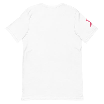 The image displays the Cerwin-Vega Breast Cancer Awareness T-Shirt, showcasing the back view of a plain white crew neck tee with short sleeves, featuring a small pink bird graphic and pink ribbon on the left sleeve.