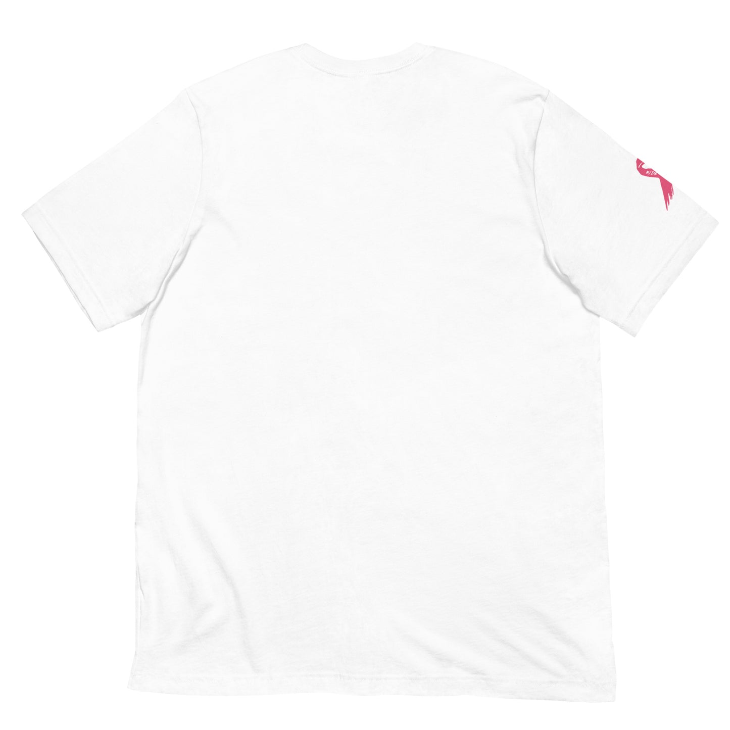 The back view of the Cerwin-Vega Breast Cancer Awareness T-Shirt features a plain white design with short sleeves. A small pink flamingo graphic adorns the right sleeve's edge, nodding to breast cancer awareness. The soft fabric has slight wrinkles near the bottom hem, enhancing its casual style.