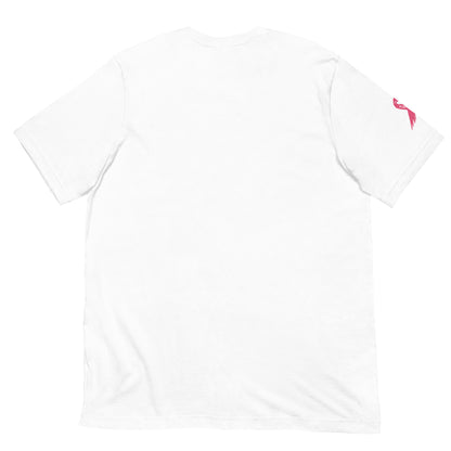 The back view of the Cerwin-Vega Breast Cancer Awareness T-Shirt features a plain white design with short sleeves. A small pink flamingo graphic adorns the right sleeve's edge, nodding to breast cancer awareness. The soft fabric has slight wrinkles near the bottom hem, enhancing its casual style.