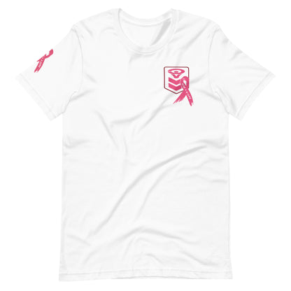 The Cerwin-Vega Breast Cancer Awareness T-Shirt is a white tee with a pink ribbon tied around a cube design on the chest and printed on the left sleeve, symbolizing support and hope in the fight against breast cancer.