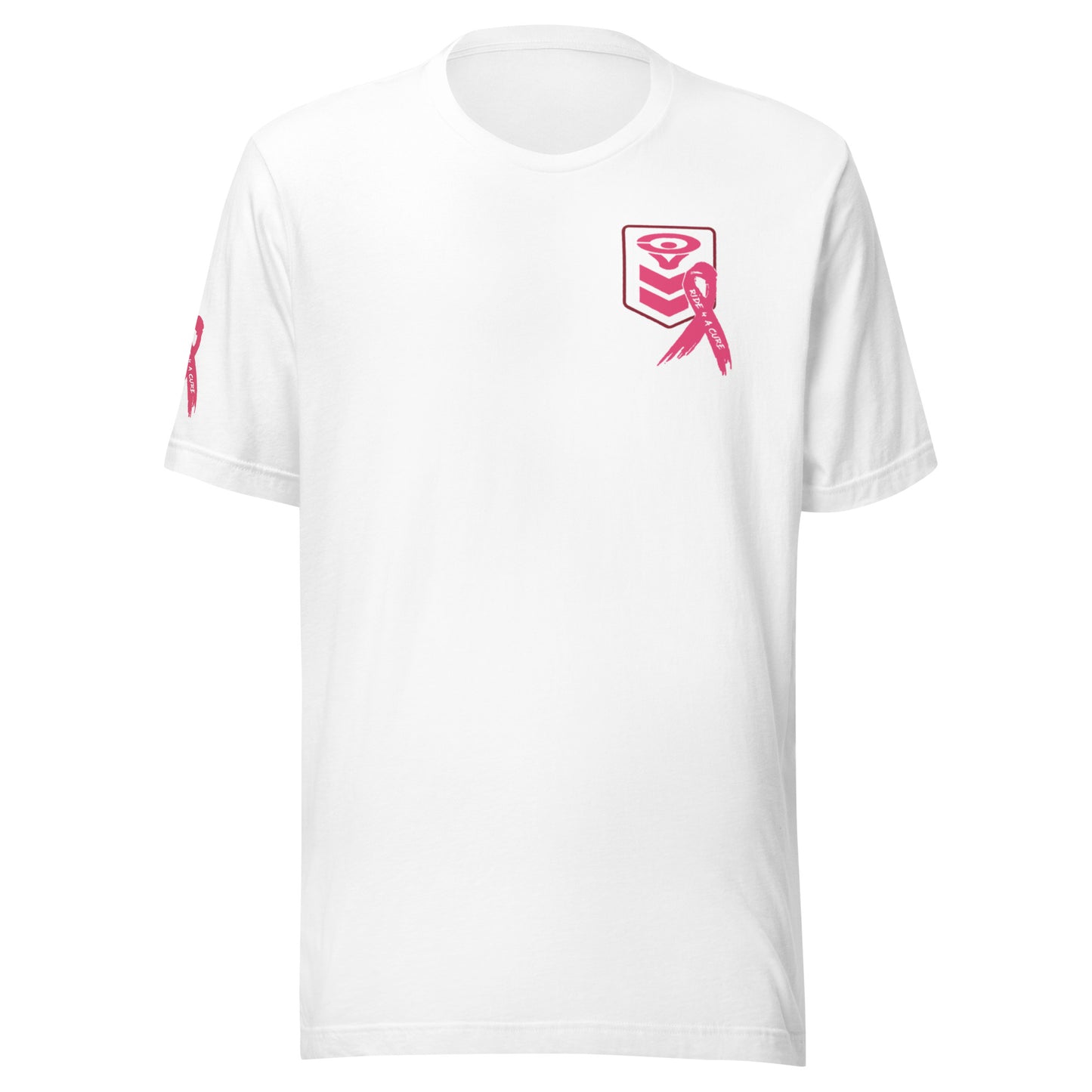 The Cerwin-Vega Breast Cancer Awareness T-Shirt is a white tee featuring a small pink ribbon and stylized logo on the left chest. A similar pink design adorns the left sleeve, adding symmetry to the simple design.