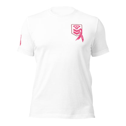 The Cerwin-Vega Breast Cancer Awareness T-Shirt is a white tee featuring a small pink emblem with a stylized eye and chevron on the left chest, enhanced by a pink ribbon. The left sleeve displays a larger pink emblem, all set against a plain design on a white background.