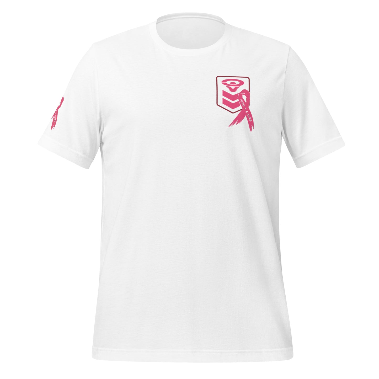 The Cerwin-Vega Breast Cancer Awareness T-Shirt is white with a pink embroidered emblem and ribbon on the upper left chest. A pink ribbon also adorns the left sleeve. This short-sleeved, round-neck tee is perfect for showing your support.