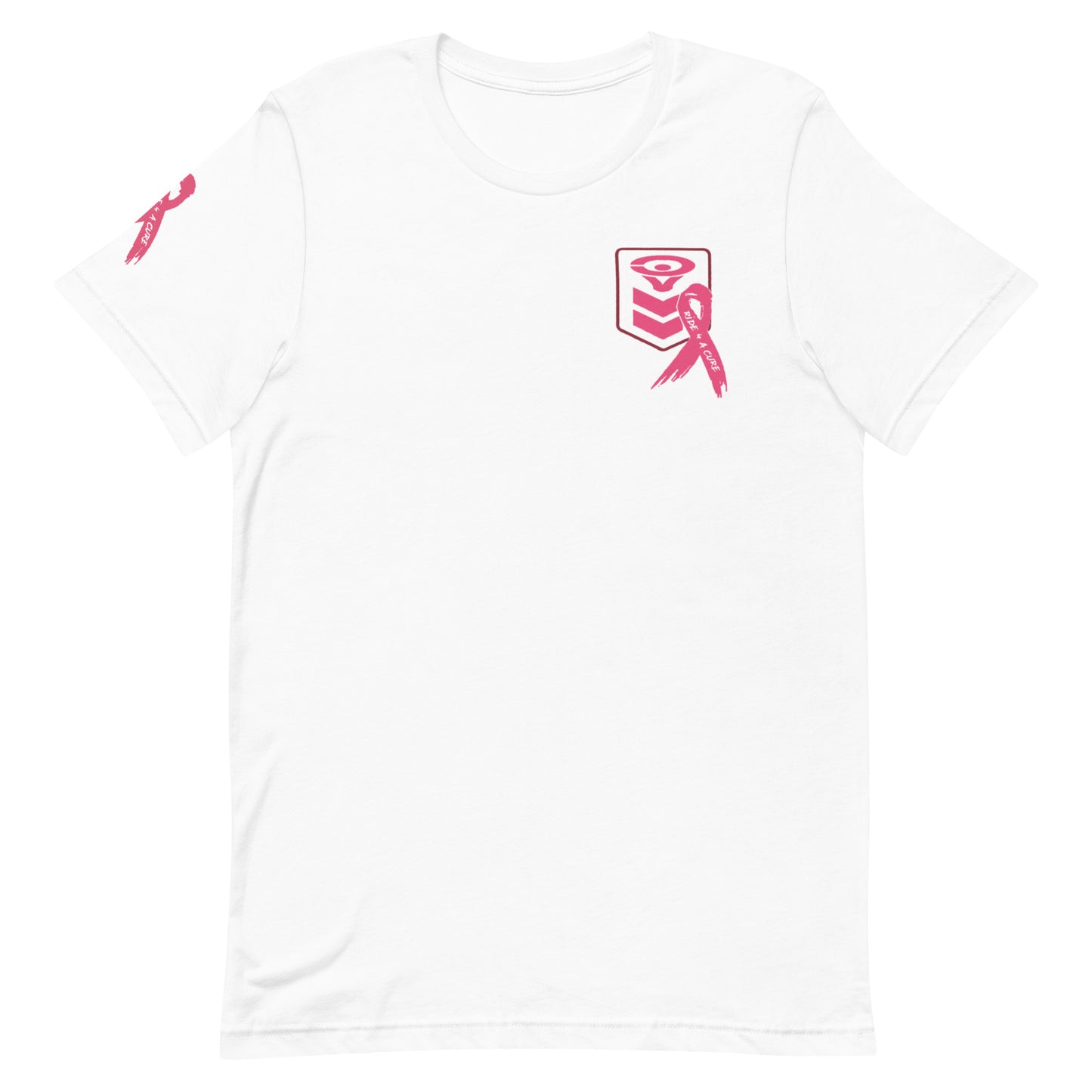 The Cerwin-Vega Breast Cancer Awareness T-Shirt, in white, showcases a left chest pink emblem with a stylized cube and ribbon. The left sleeve also features the pink ribbon design, all set against a plain backdrop.