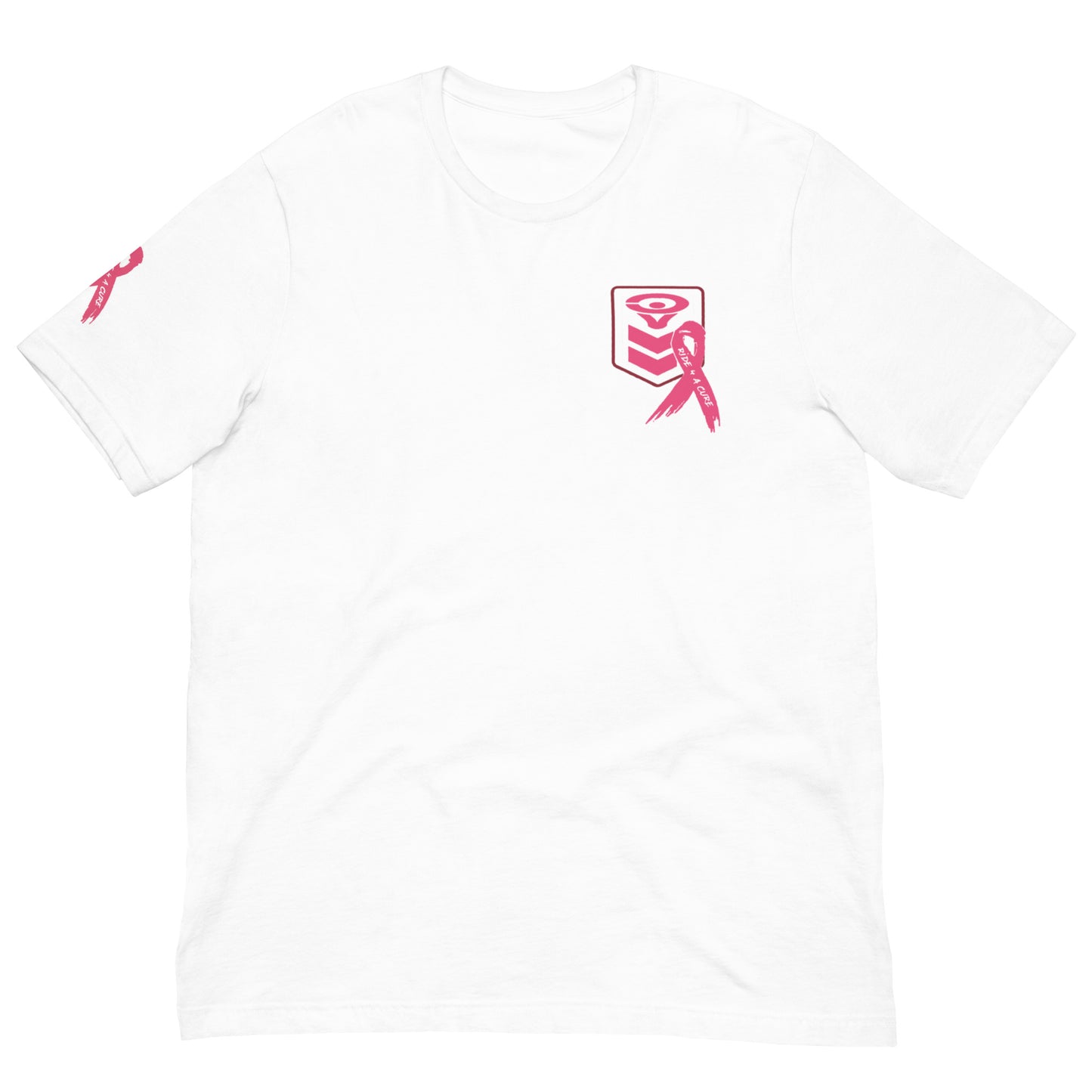 The Cerwin-Vega Breast Cancer Awareness T-Shirt features a small red cube with an exclamation mark, a pink ribbon symbolizing awareness, and another ribbon on the left sleeve. It also has a round neck and short sleeves.