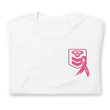 The Cerwin-Vega Breast Cancer Awareness T-Shirt is white with a small pink eye design above three downward chevrons on the left chest, and features a pink "FIND A CURE" ribbon supporting Breast Cancer Awareness.