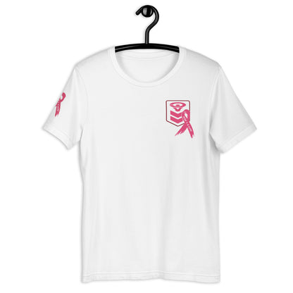 The Cerwin-Vega Breast Cancer Awareness T-Shirt features a pink military chevron with an eye design on the left chest. It hangs on a black hanger, complete with a pink ribbon on the sleeve and chest, elegantly displayed against a white background.