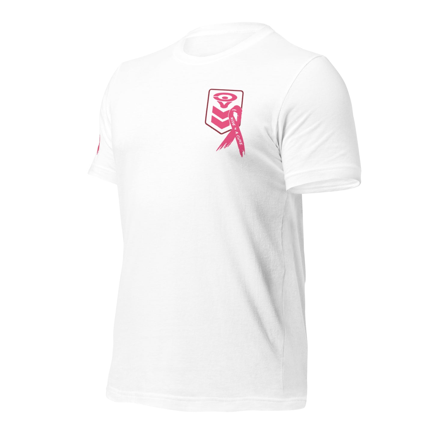 The Cerwin-Vega Breast Cancer Awareness T-Shirt is a white crew neck piece with short sleeves, featuring a small red gradient design of a stylized heart with a chevron pattern above a pink ribbon on the left chest, symbolizing breast cancer awareness, viewed from the front left angle.