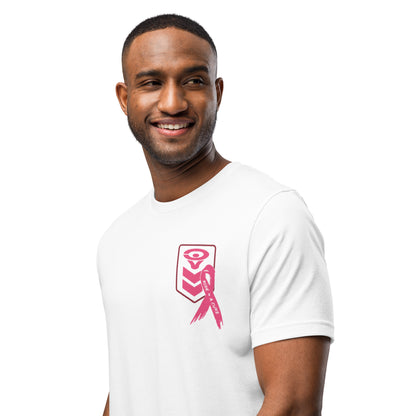 A man with short hair and a beard smiles against a white background, wearing the Cerwin-Vega Breast Cancer Awareness T-Shirt. It features a pink ribbon with "Together we fight" and a red geometric design on the chest.