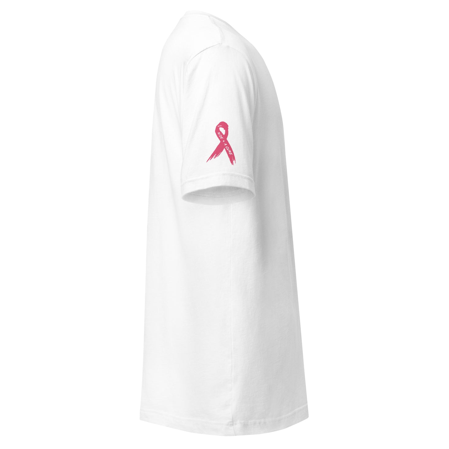 Side view of the Cerwin-Vega Breast Cancer Awareness T-shirt, featuring a subtle logo and pink ribbon symbol on the left sleeve for breast cancer awareness, all set against a white background to emphasize its simplicity and meaningful details.