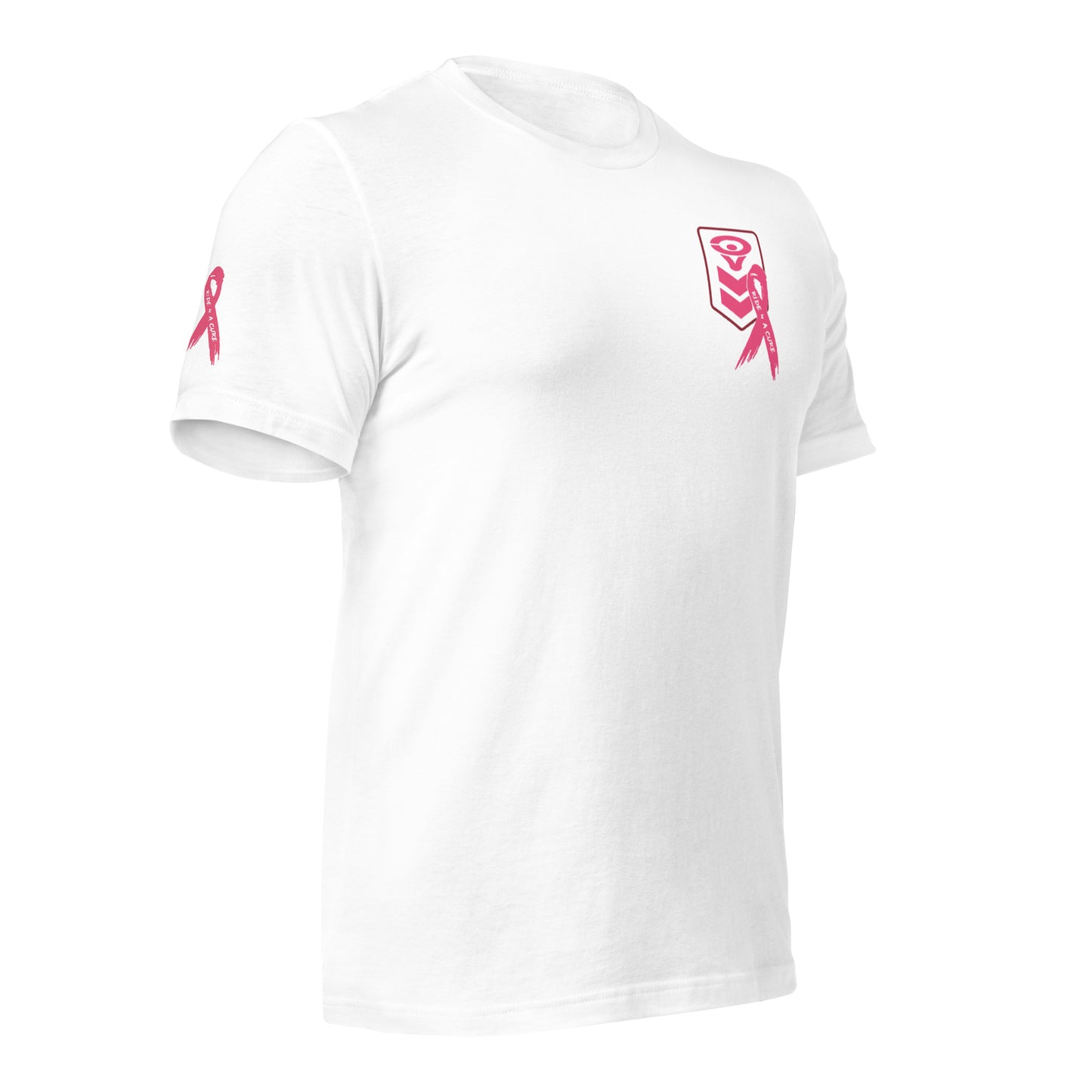 The Cerwin-Vega Breast Cancer Awareness T-Shirt is a white short-sleeve featuring a pink ribbon on the right sleeve and a larger geometric ribbon logo on the left chest, making it ideal for any collection while supporting the cause.