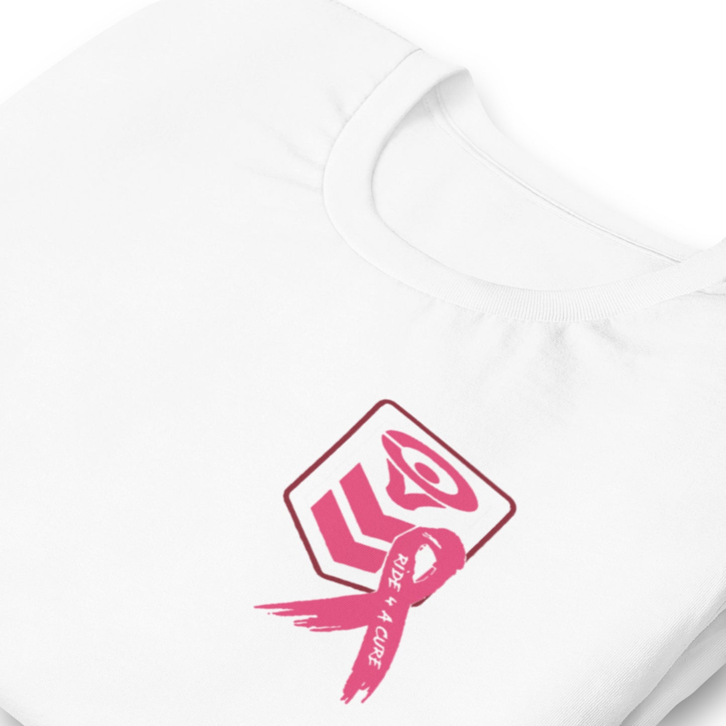 Introducing the Cerwin-Vega Breast Cancer Awareness T-Shirt: a white tee featuring a red geometric logo with an abstract center, adorned with a pink ribbon for breast cancer awareness and the empowering message “Ride 4 A Cure.”.