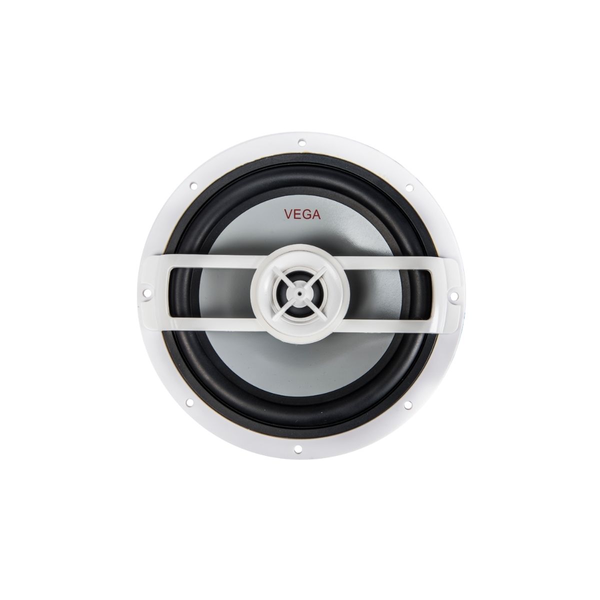 A circular black and white RPM Vega Marine Speaker with "VEGA" in red at the top is encased in a white frame. It features a central grille with three horizontal bars, captured front-facing on a white background.