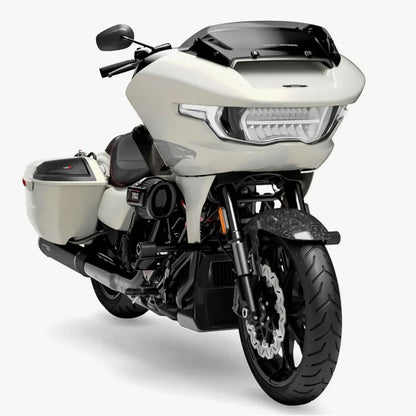 A front-side view of a sleek, modern white and black motorcycle features a large windshield, integrated LED headlight, and side mirrors. It includes the 2024+ Harley Davidson® Cut-In Lid Kit with Stroker ST692CX2 (2Ω) Speakers, sturdy frame, sporty tire rim, and spacious side compartment.