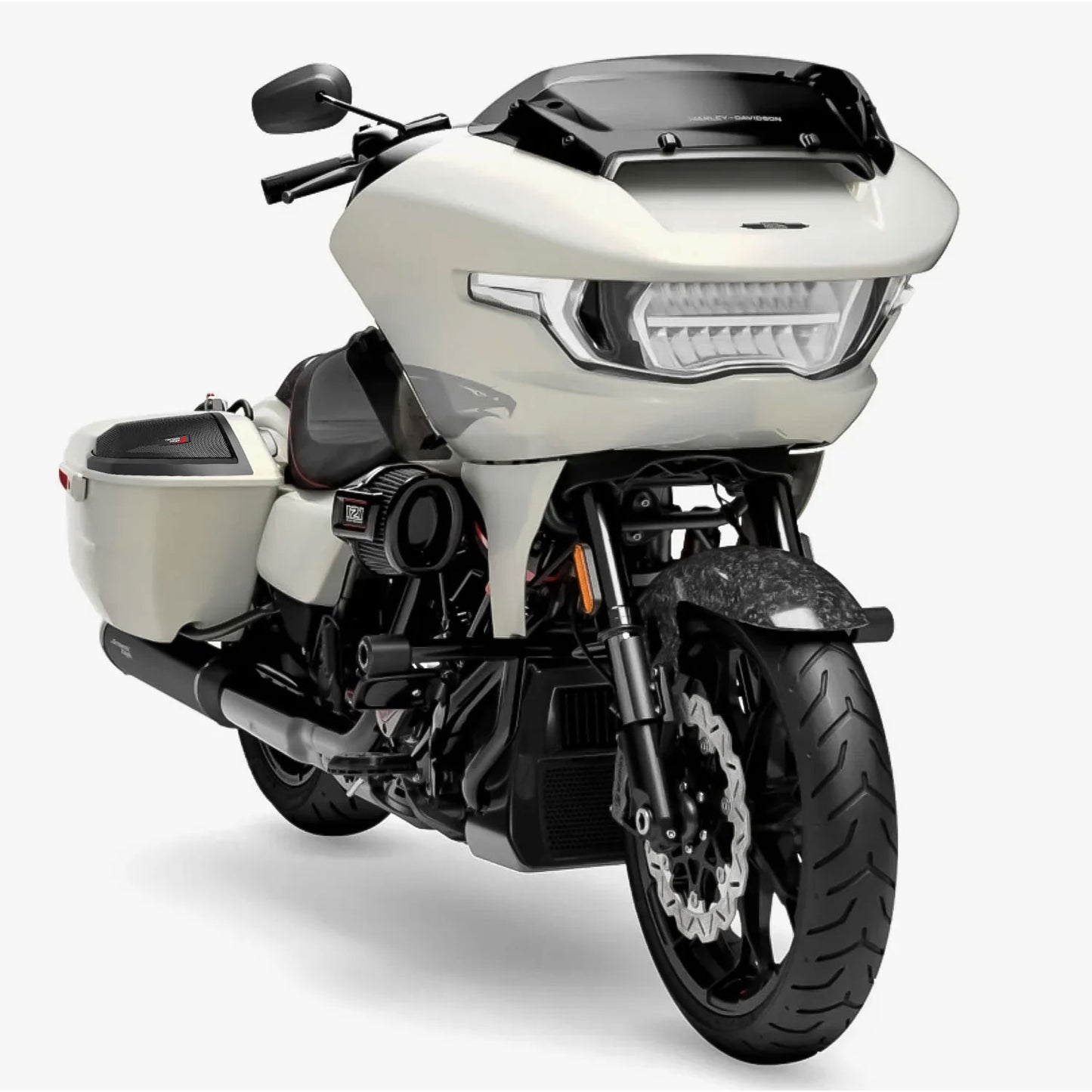 The 2024+ Harley Davidson® RPMSM694LK24 embodies a sleek design with a white body and black accents. It features an aerodynamic fairing, LED headlights, large front wheel with fender, and dual saddlebags for sporty functionality, reminiscent of classic Harley style.