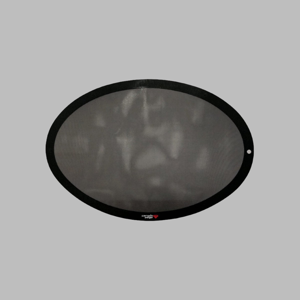 The Water Repelling Mesh Grill features an oval-shaped, black silicone mesh with a hole on one edge, set against a gray background. It is semi-transparent, showcasing a red logo on the bottom part of the border.