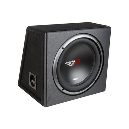 The XED Subwoofer Enclosures feature a black, box-shaped design with a large, circular speaker on the front. It boasts "Cerwin-Vega" branding with a red logo, has a small side input panel with connectors, and comes with a textured finish.