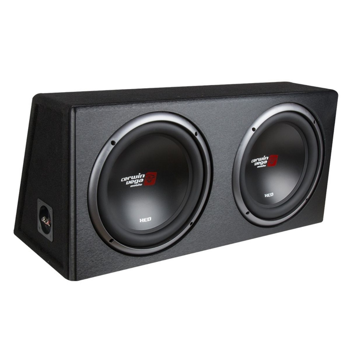 The XED Subwoofer Enclosures feature dual subwoofers in a black, rectangular box with a visible "HED" logo. Designed for optimal sound projection, they include an angled design, side-mounted terminal for easy connectivity, and a textured matte exterior finish.