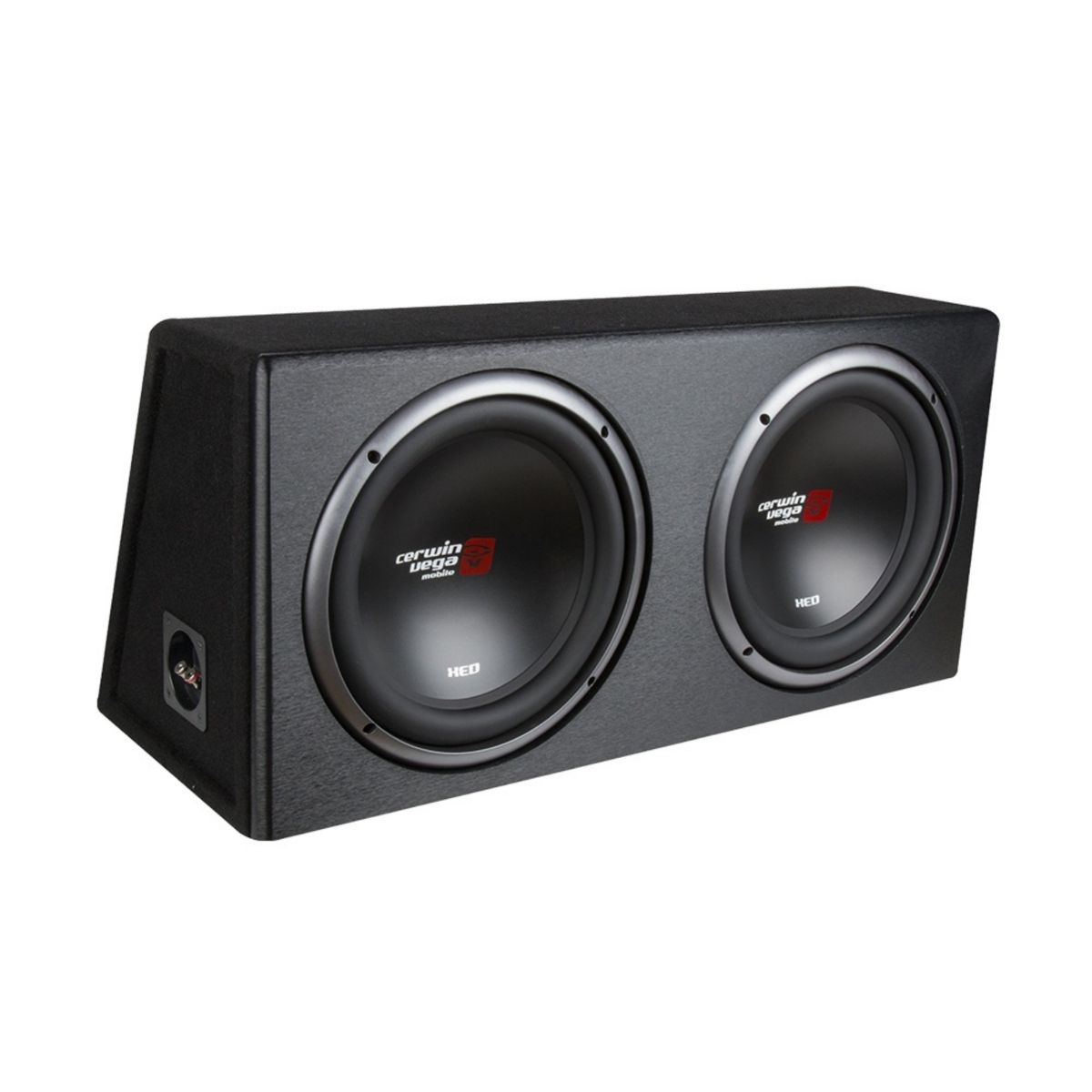 The XED Subwoofer Enclosures features a black rectangular prism box with two circular subwoofers angled slightly upward. Each has a metallic-rimmed, black matte finish with a logo in the center, and there's a connecting port on the side.