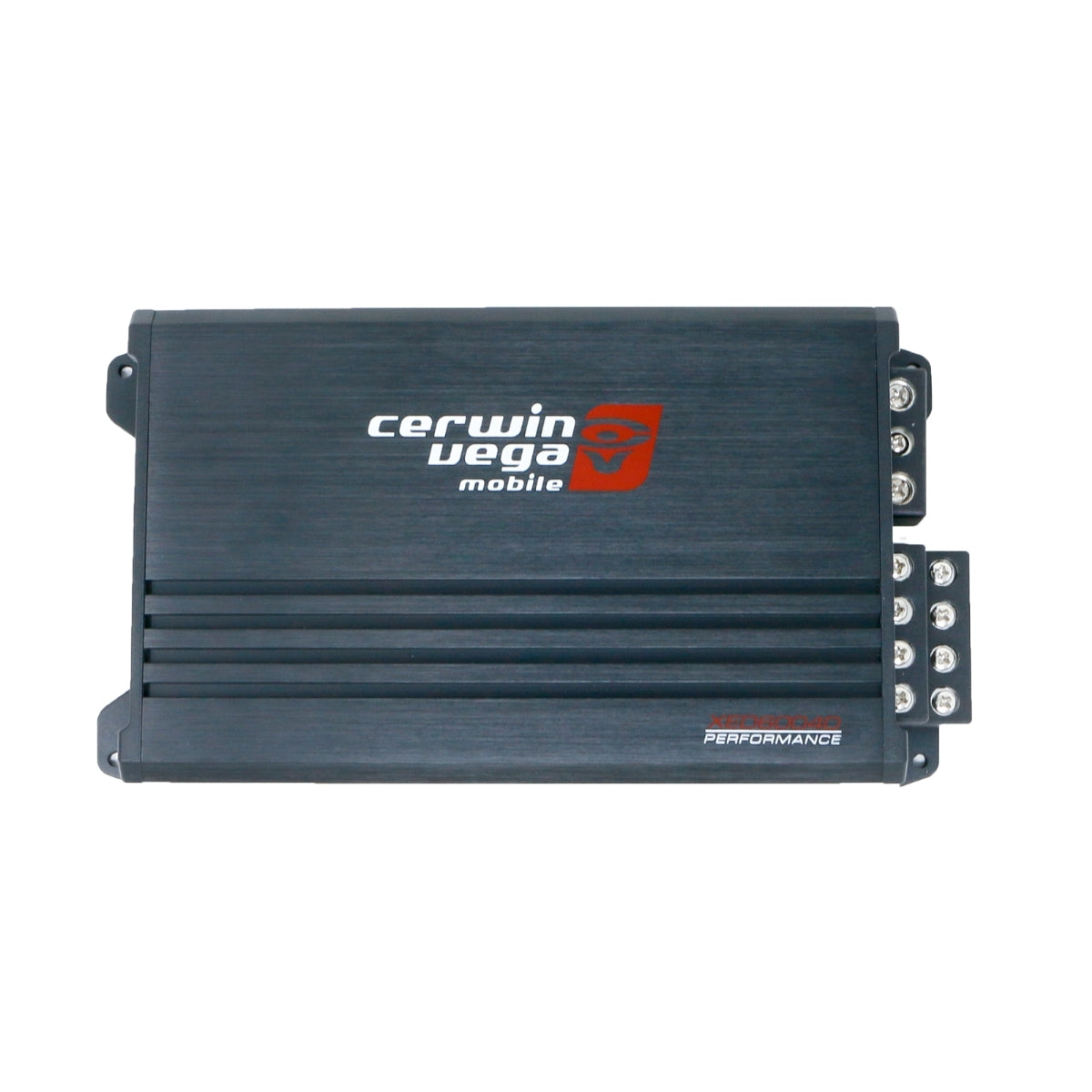 The image showcases a Cerwin Vega XED Series 480W RMS 4 Channel Amplifier. This Cerwin Vega amplifier features a sleek, black rectangular design with the brand's logo prominently displayed in white and red at the center. On the right side, various silver terminal connectors are visible, highlighting its advanced Class D technology.