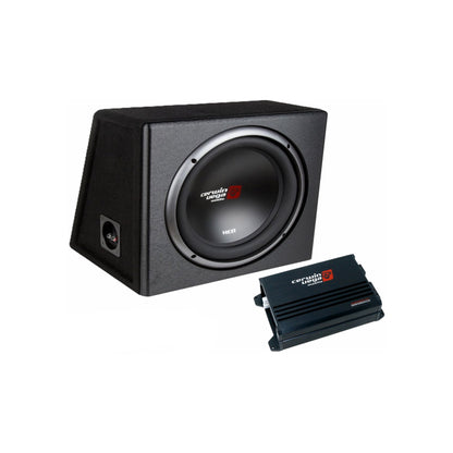 A black car Bass Package, the XEDBP10, includes a Mono Amplifier and a Single 10" Subwoofer in a vented enclosure. The subwoofer's rectangular box features the "Crunch" logo in white and red beside a matching black amplifier, all displayed on a plain white background.