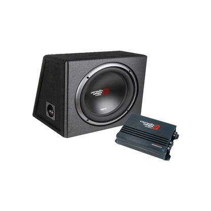 The XED Bass Package, featuring a Crunch logo and circular black car subwoofer in a triangular vented enclosure, is shown with a compact black rectangular mono amplifier with vented ridges, all set against a white background.